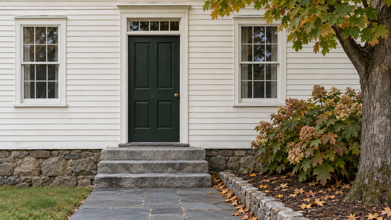 Dark green front door between sash windows, above granite steps and a bluestone path beside a stone-curbed garden.
