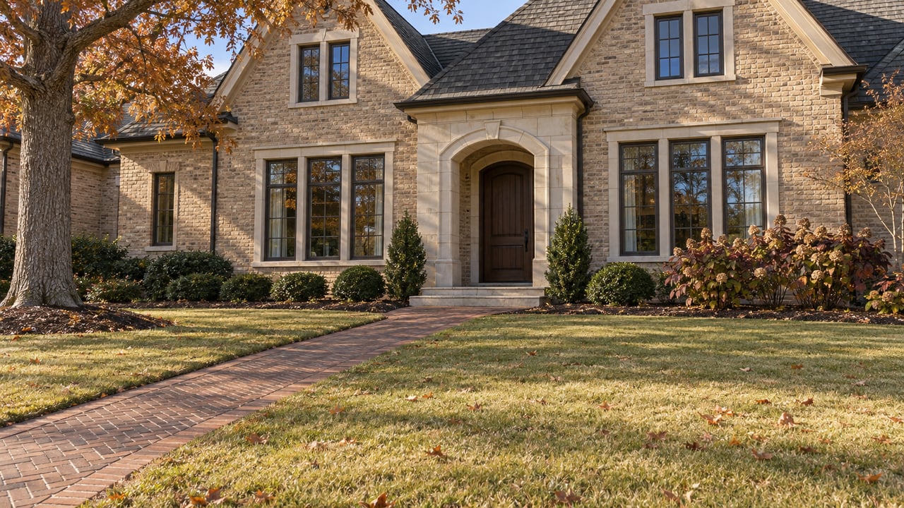 Autumn sunlight across a substantial brick home with a limestone arched entry, broad lawn and brick approach.