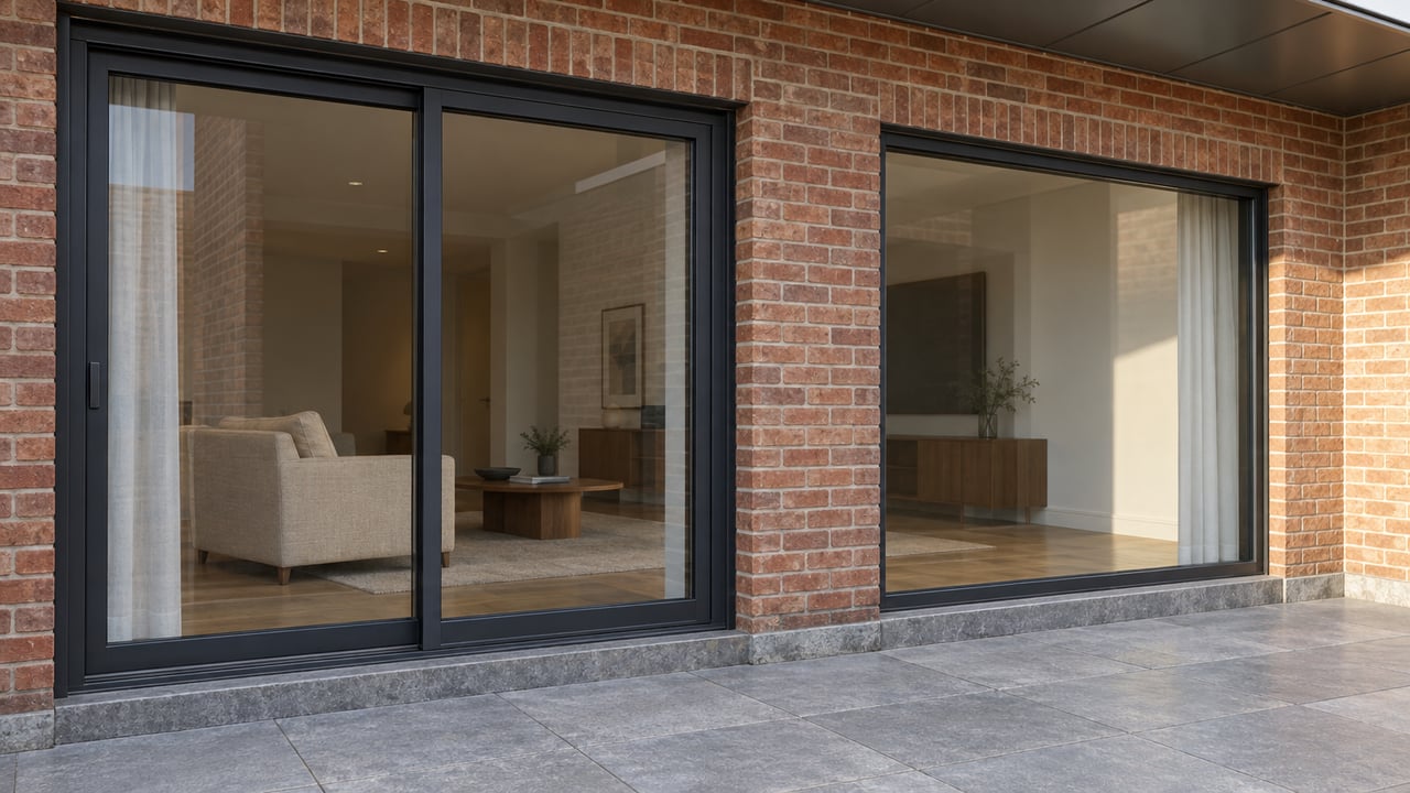 Covered condo terrace with red-brown brick, charcoal-framed glazing, gray stone paving, and an enclosed oak-floored living room.