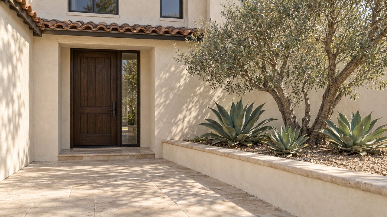 Sunlit stucco home entry with a dark wood door, pale stone approach, olive tree and sculptural agaves.