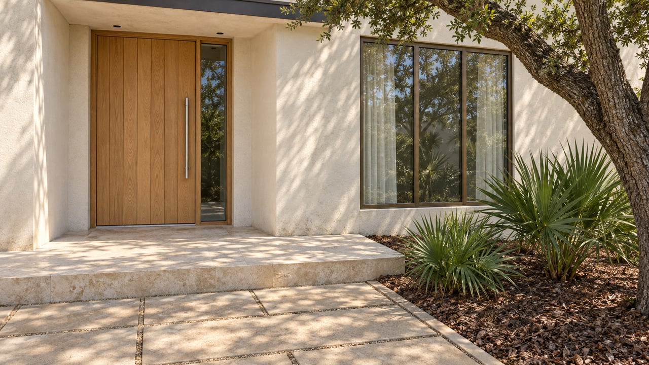 Cream stucco home with a recessed wood entry, tall bronze-framed window and limestone landing beside a live oak and dwarf palmettos.