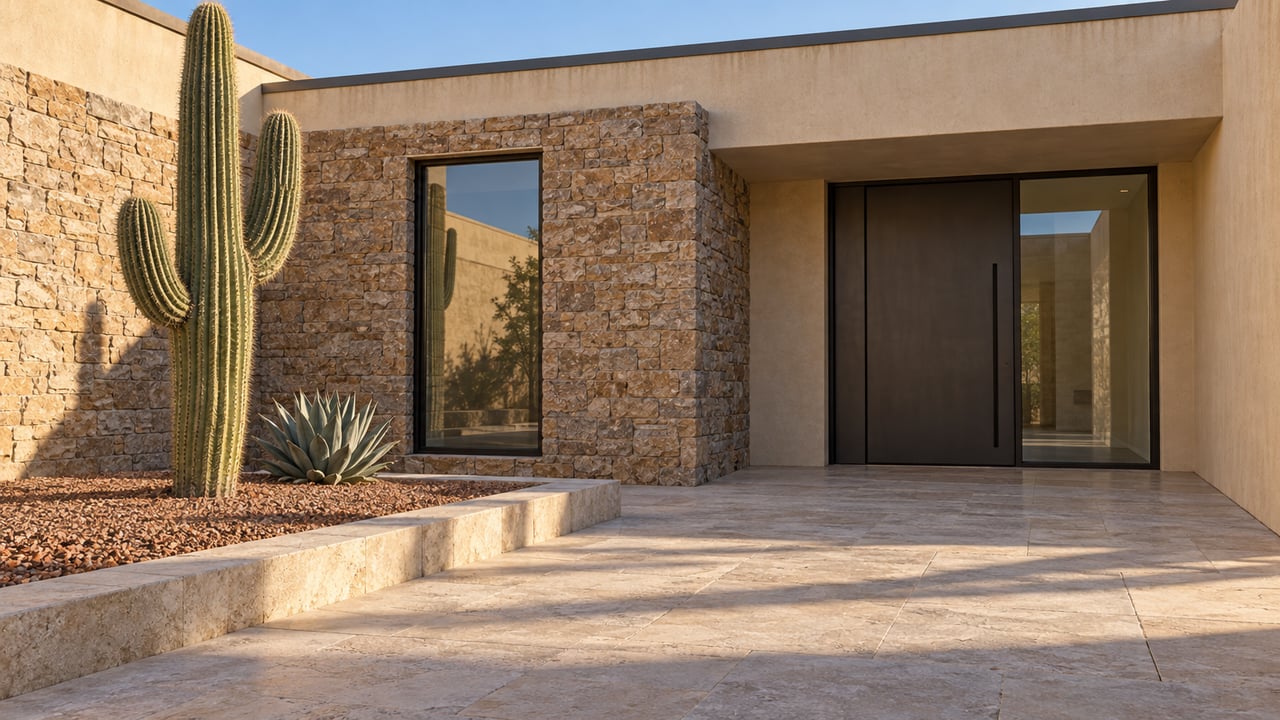 Warm afternoon light crosses a limestone entry court beside rough stone walls, cream stucco, a sculptural saguaro and a single agave.