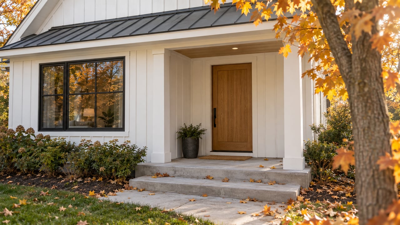 White-sided home entry with an oak door, dark-framed window, concrete steps, and amber maple leaves.