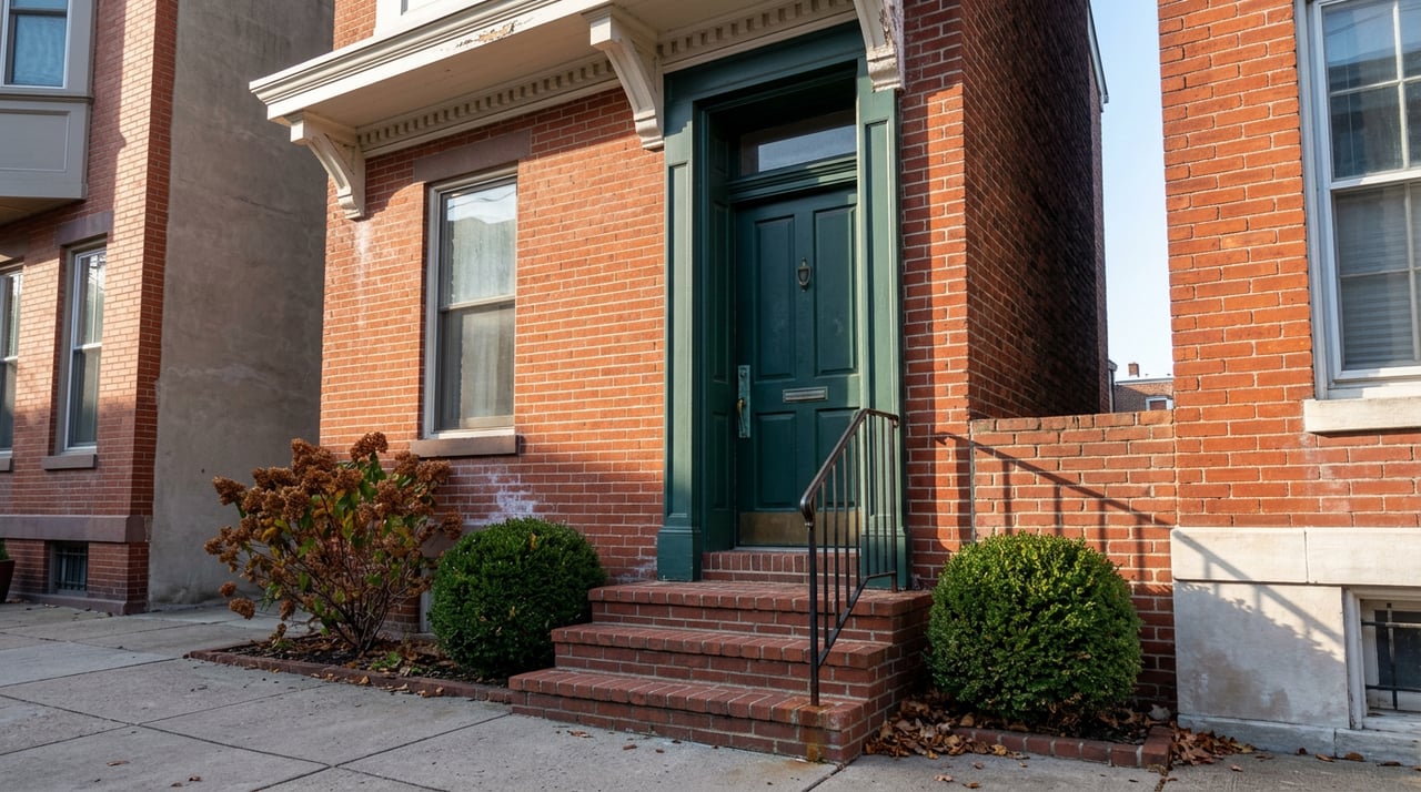 Brick rowhouse entry with a deep green door, iron handrail, clipped shrubs, and fallen leaves on the stoop.