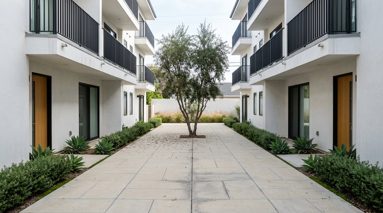 Paved courtyard between white three-story apartment buildings, with an olive tree, black balconies, and low coastal planting.