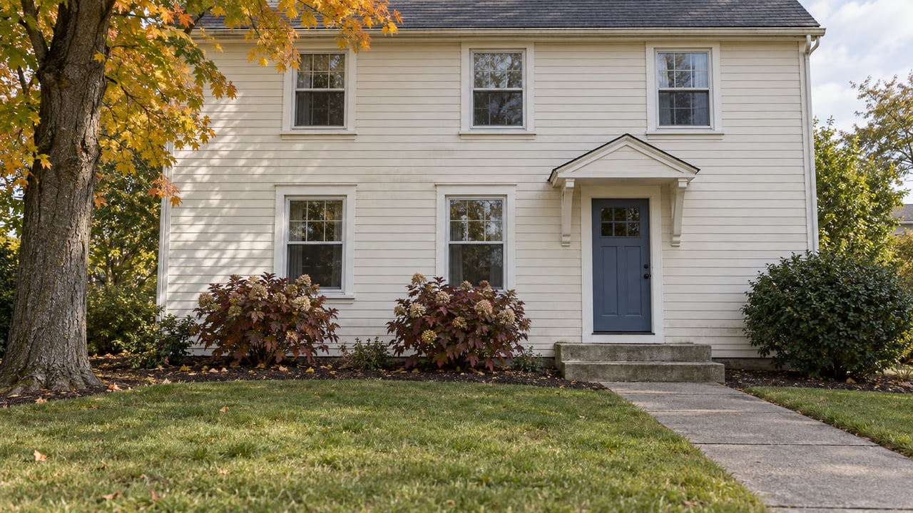 Off-white clapboard house with a blue front door, concrete walk, autumn sugar maple and oakleaf hydrangeas.