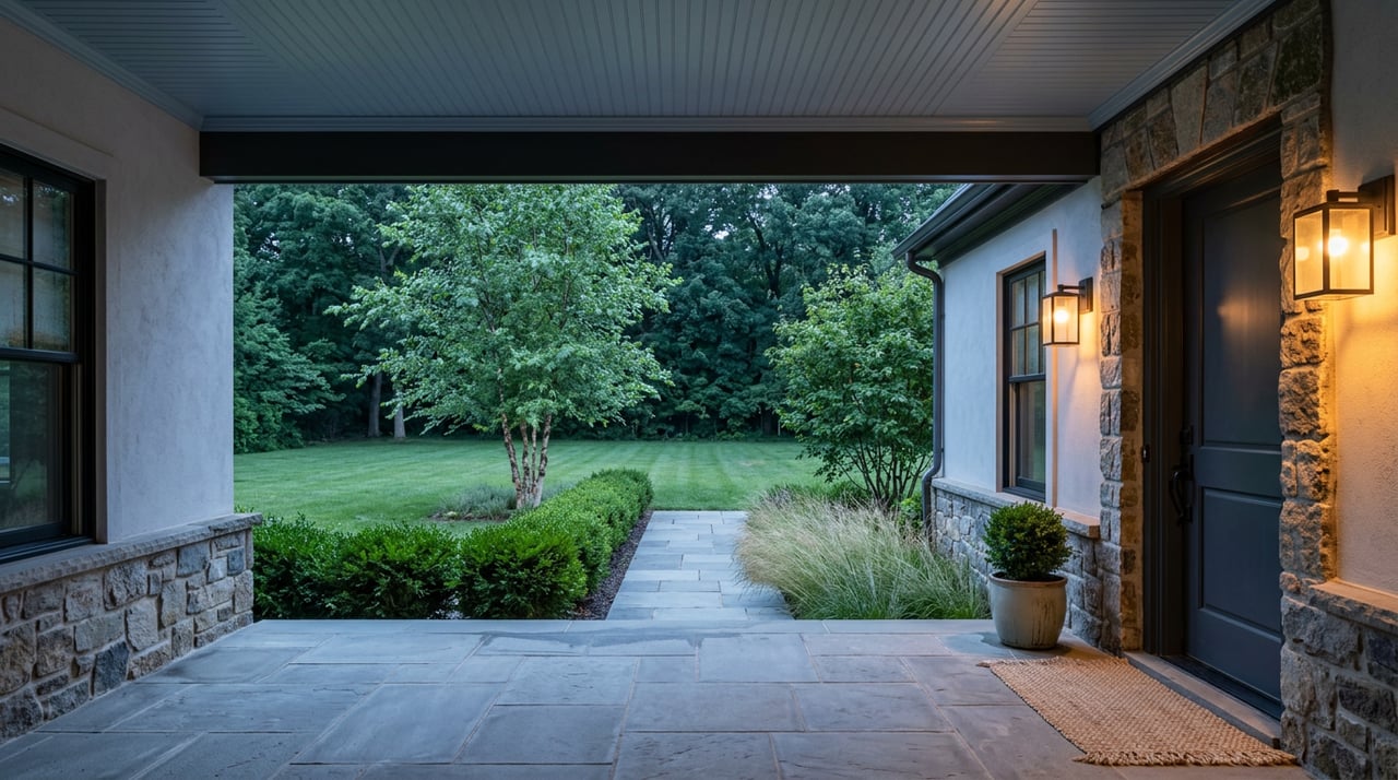 Stone entry portico with warm lantern sconces overlooking a bluestone path, lawn, river birch, and tree line.