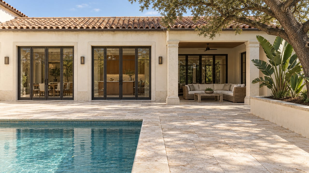 Ivory stucco home with bronze-framed glass doors, a covered terrace and limestone-edged pool beneath an oak canopy.