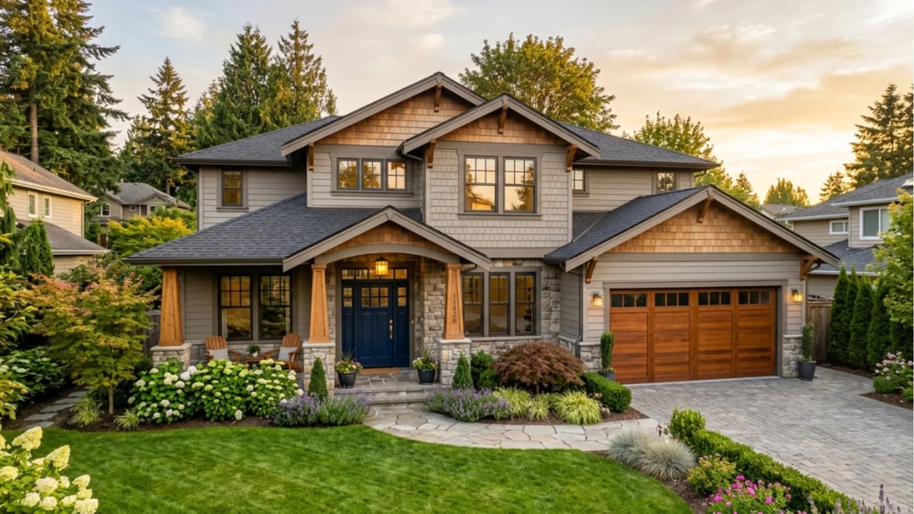 Luxury home exterior in Snohomish County with updated garage door and landscaped curb appeal before selling