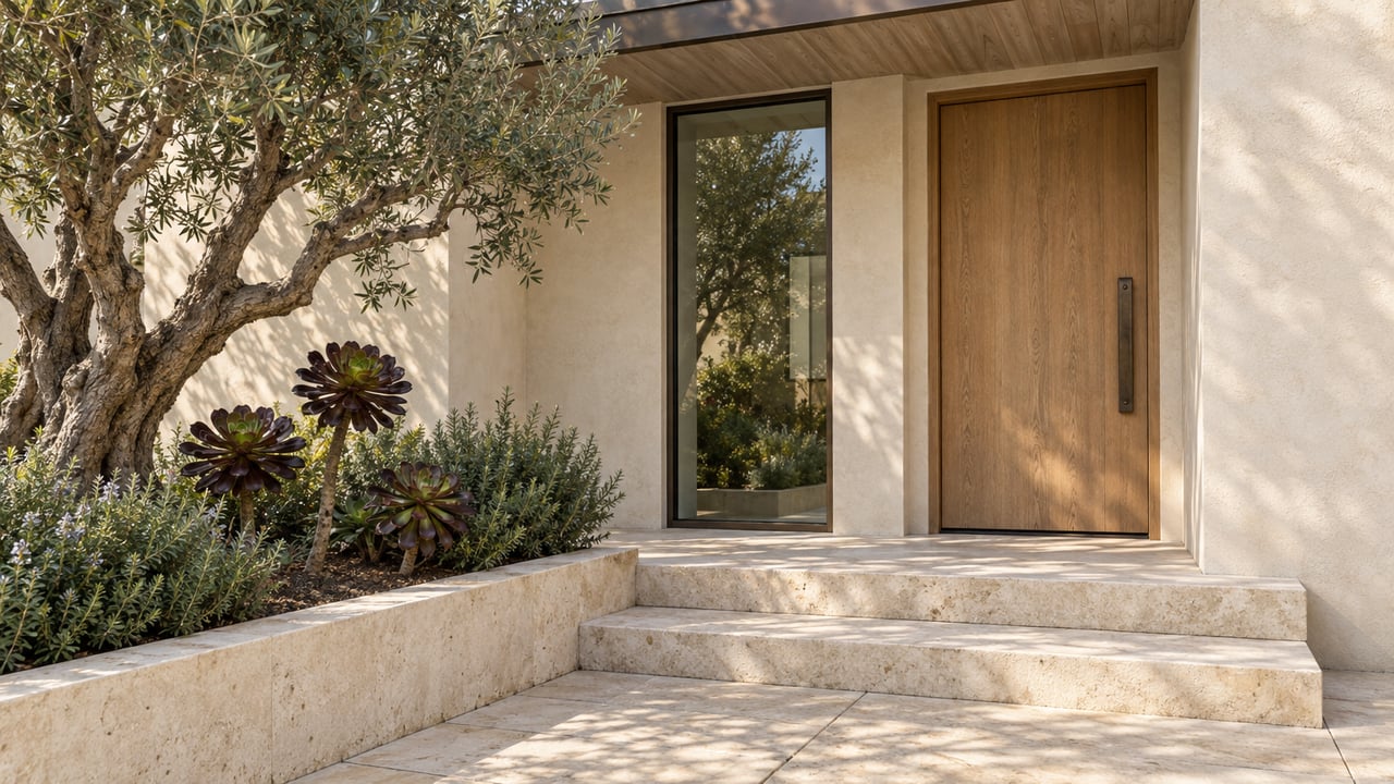 Warm stucco and timber residential entry beside a sculptural olive tree, limestone steps, and a raised succulent planting bed.