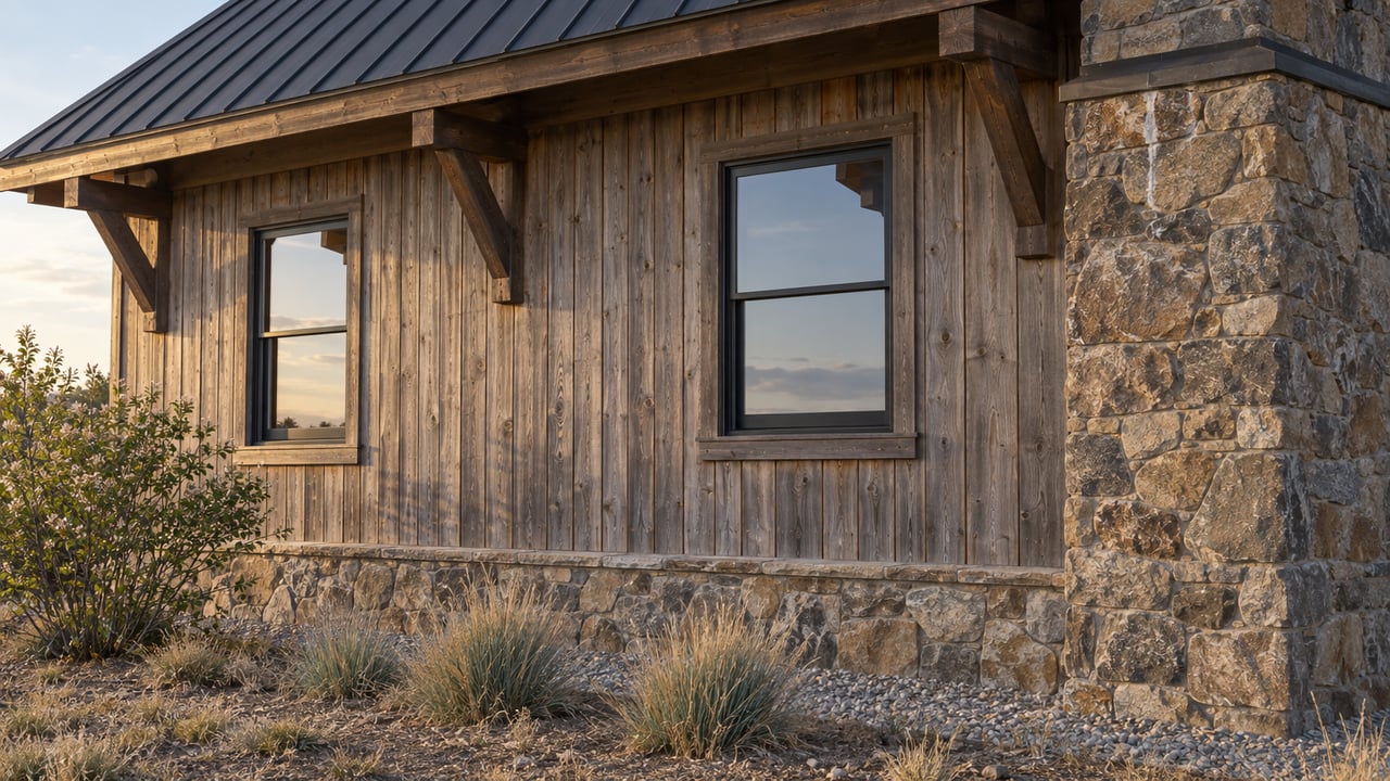 Weathered cedar home with a steep charcoal roof, fieldstone chimney and base, two dark-framed windows, and sparse grasses.