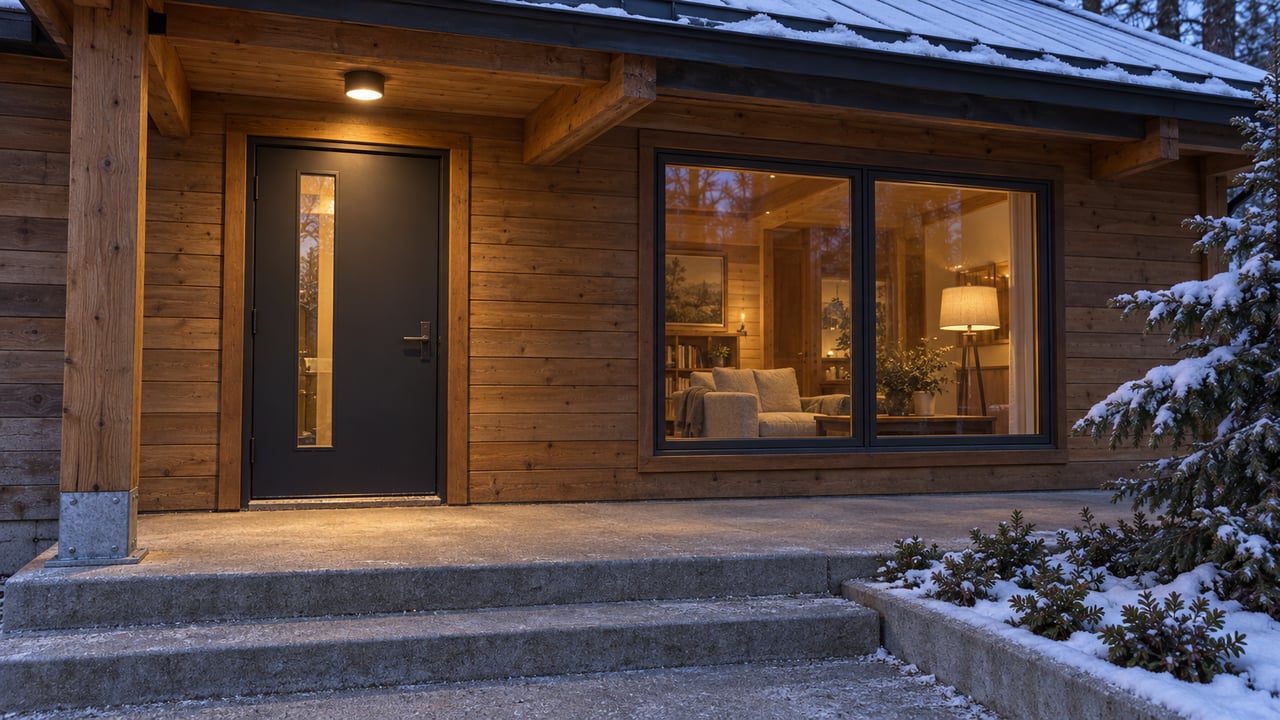 Snow-edged concrete steps lead to a sheltered timber-home entrance beside a warmly lit living-room window.