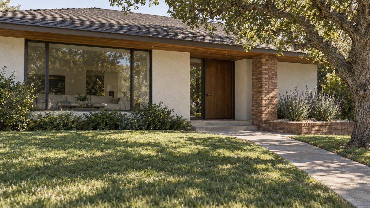A single-story home with warm stucco, cedar soffits and a brick entry pier overlooks a deep lawn and concrete approach beneath a spreading oak.