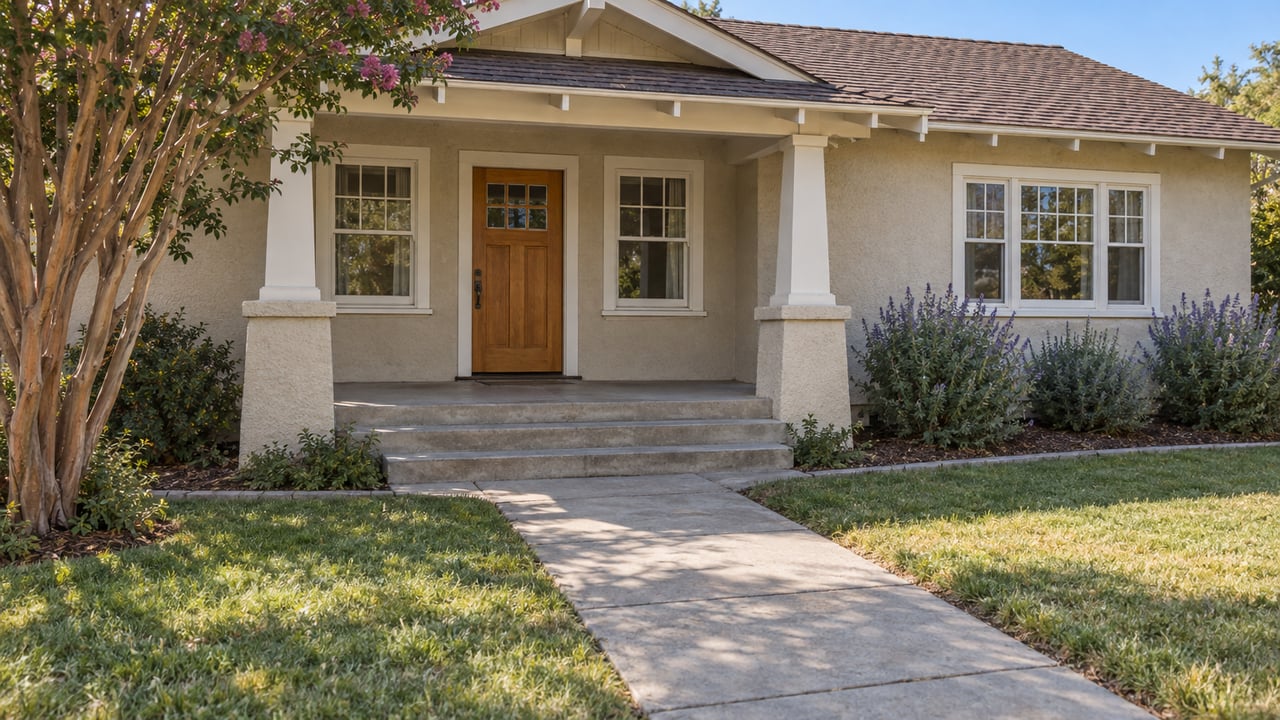 Warm stucco bungalow with paired porch posts, divided-light windows, a concrete approach and a small lawn beside flowering sage.