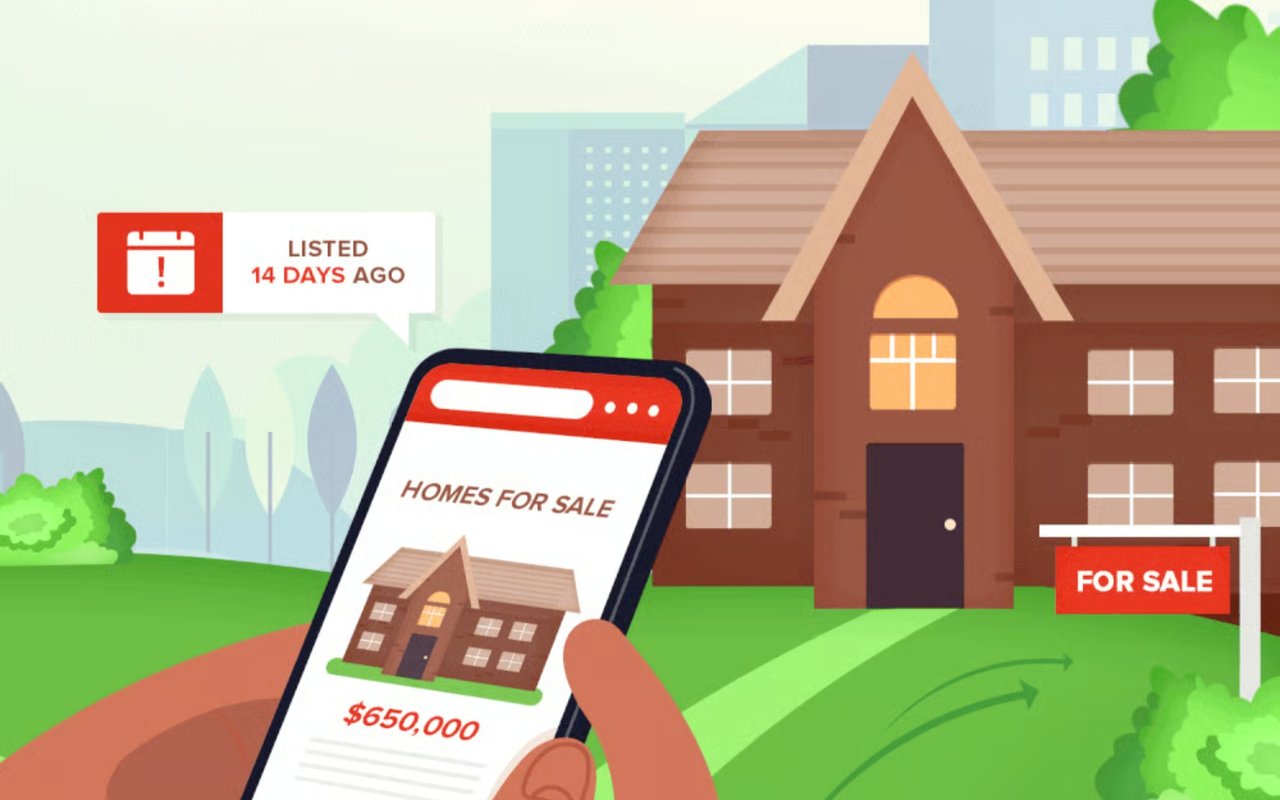 Illustration of a home listed for sale, with a phone showing its $650,000 listing and a label saying it was listed 14 days ago.