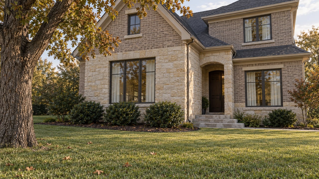 Limestone-and-brick home with tall windows, a recessed oak front door and an autumn oak beside a broad lawn.