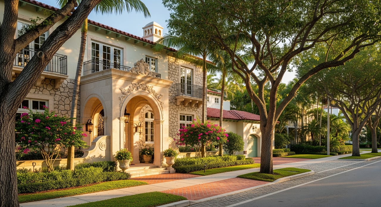 Mediterranean-style hotel entrance with twin arches, balconies, flowering shrubs, and mature trees along the street.