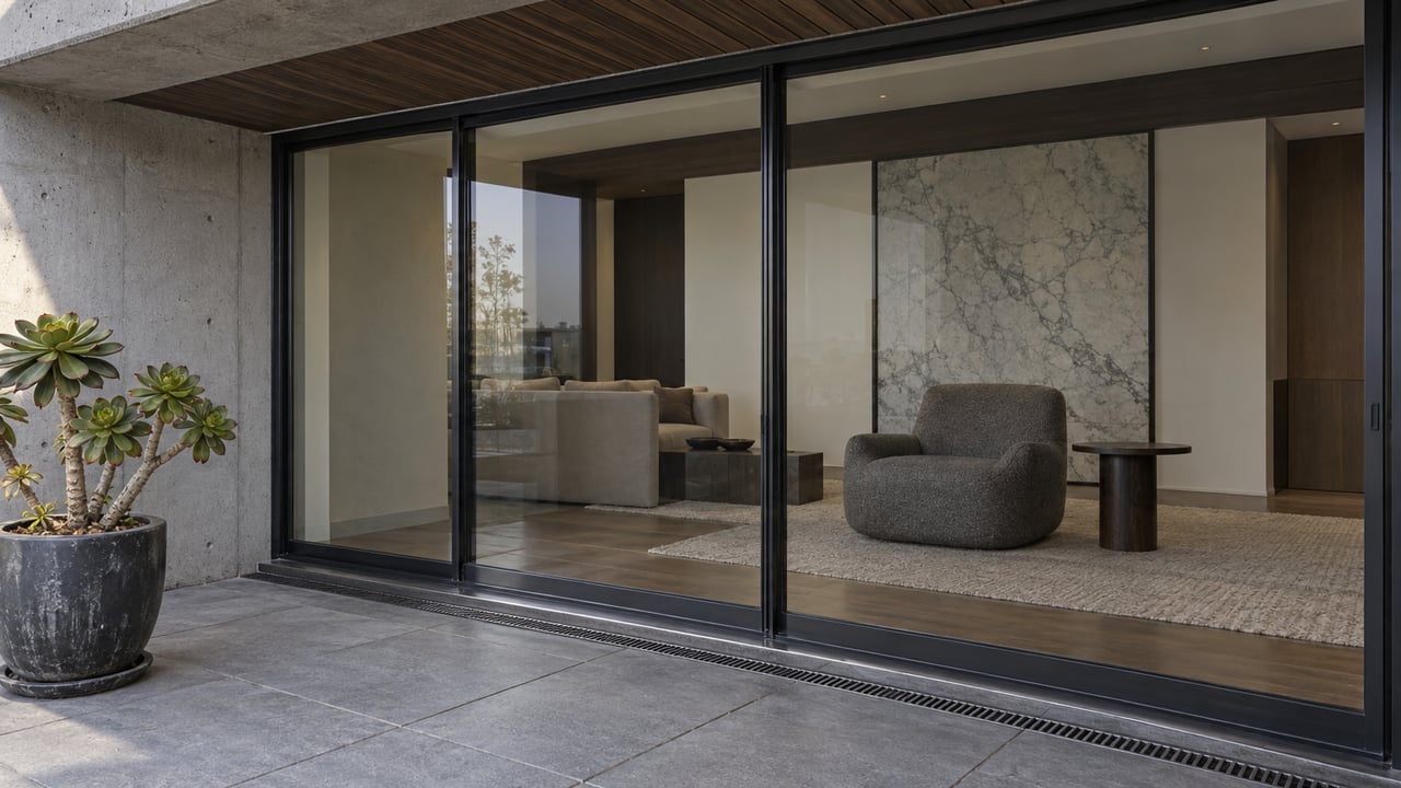 Recessed concrete condo terrace with dark wood soffit, closed black-framed glazing, and a softly lit oak-floored living room.