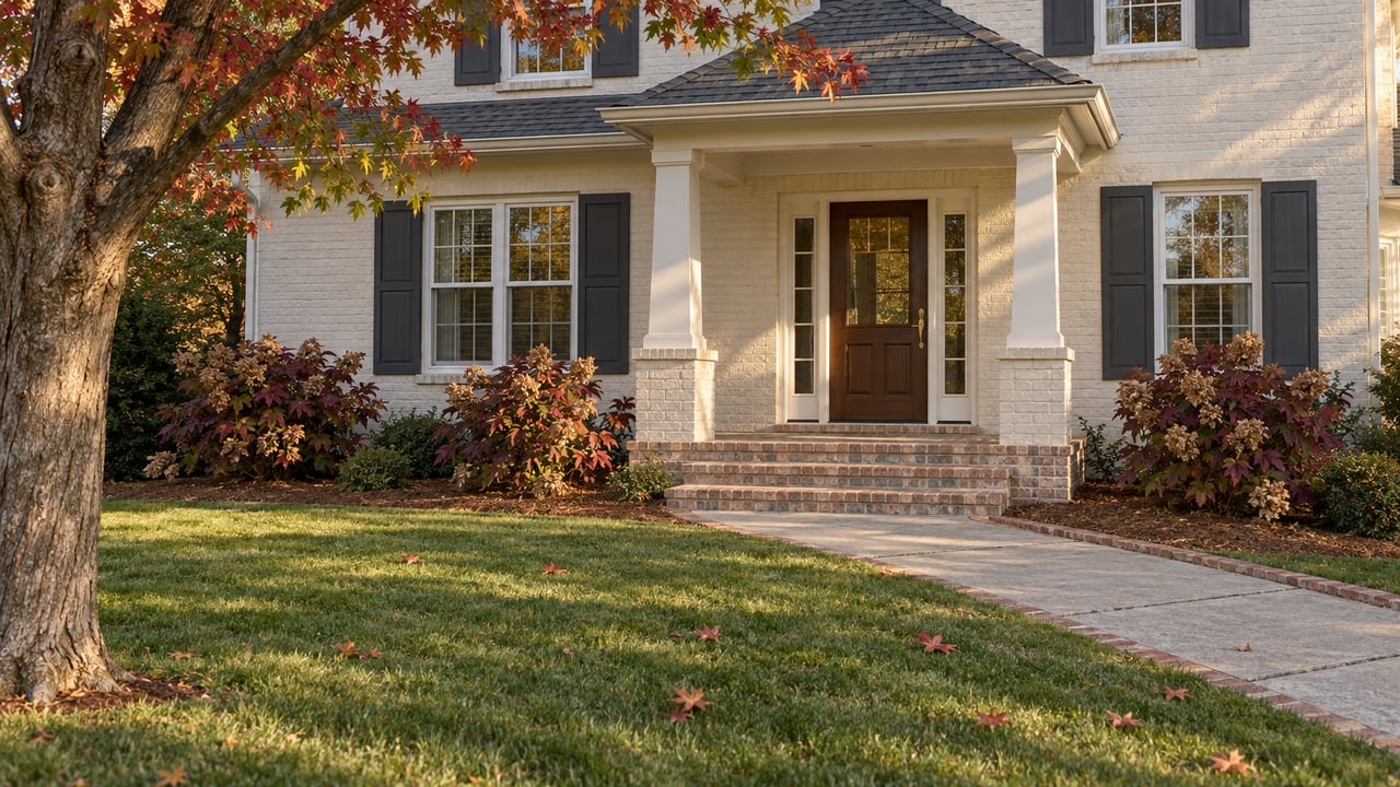 Autumn sunlight falls across an ivory brick home, a deep front lawn and a brick porch beside a red maple.