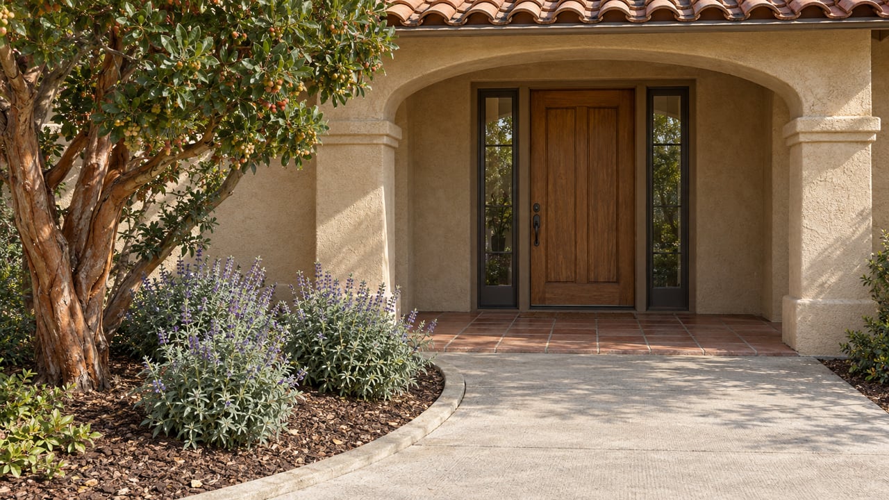 Warm stucco home entrance with an oak door, paired glass sidelights, clay roof tiles and a landscaped concrete approach.