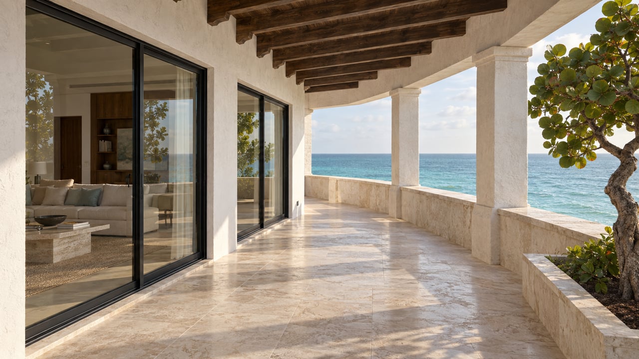 Coastal villa terrace with black-framed sliding doors, stucco columns, and turquoise water beyond a parapet.