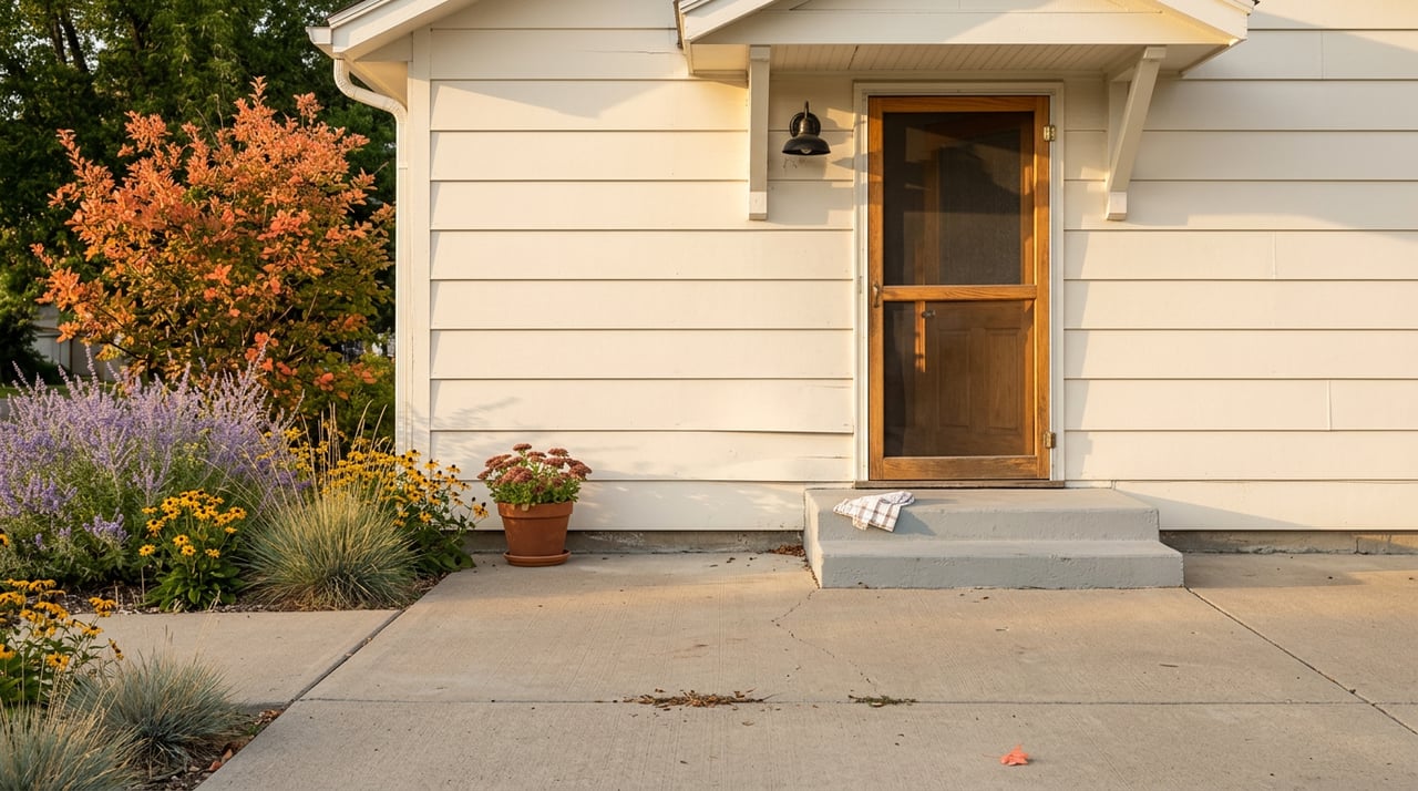 Concrete walkway leads to a white clapboard entry with an ajar screen door, stoop, and flowering plants.