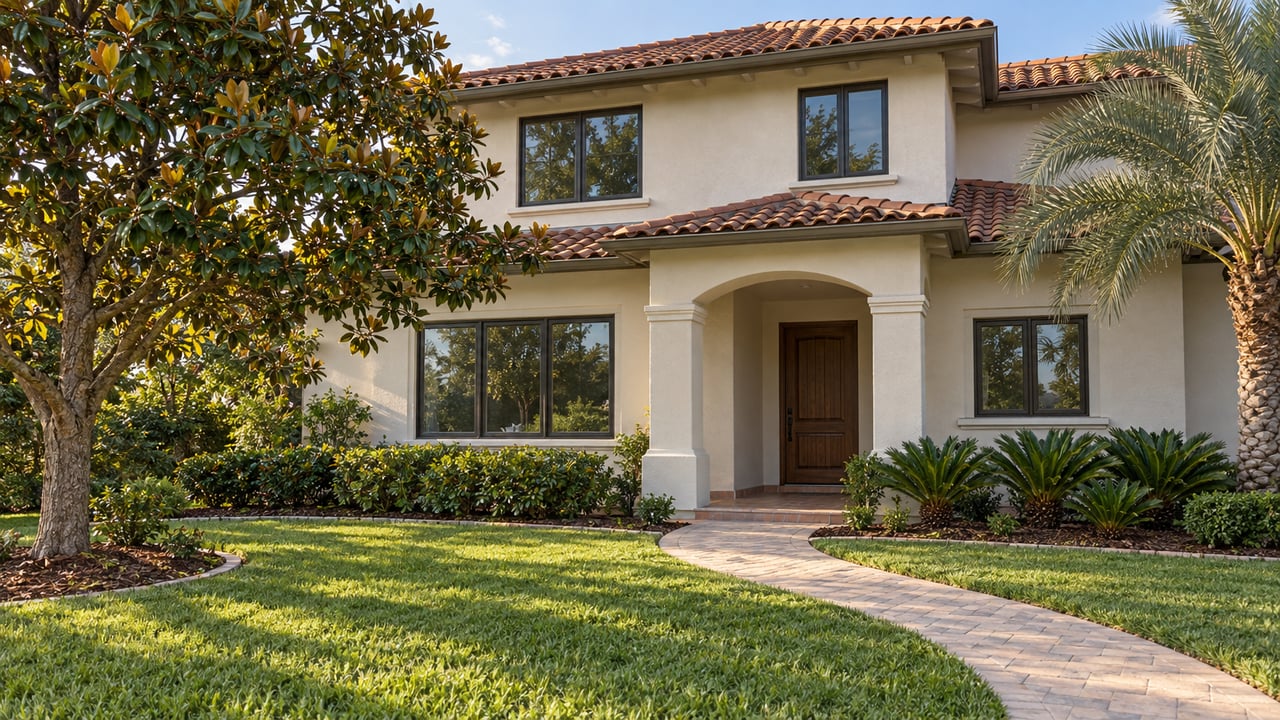 Off-white stucco home with a terracotta tile roof, recessed arched entrance, broad front lawn and a curved paver walkway framed by a magnolia and a silver-green palm.