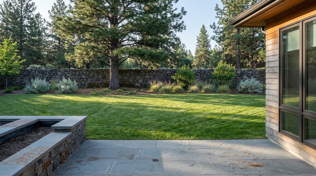 Bluestone terrace overlooking a mown lawn, native shrubs, a spreading pine, and a low dry-stacked stone wall.
