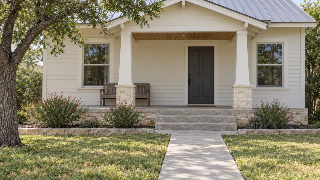 Sunlit cottage with off-white wood siding, a shaded cedar-ceiling porch, concrete steps and a compact lawn beneath a mature spreading oak.