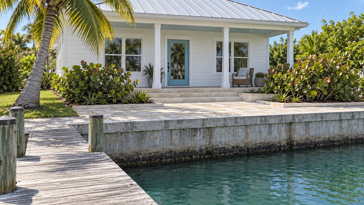 White waterfront cottage with a silver metal roof, sea-glass blue door, limestone terrace and weathered timber landing beside green-blue water.