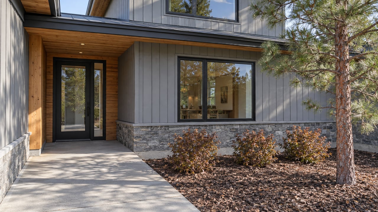 Compact contemporary home with gray vertical siding, a sheltered cedar entry, black-framed windows and a concrete path beside autumn planting.