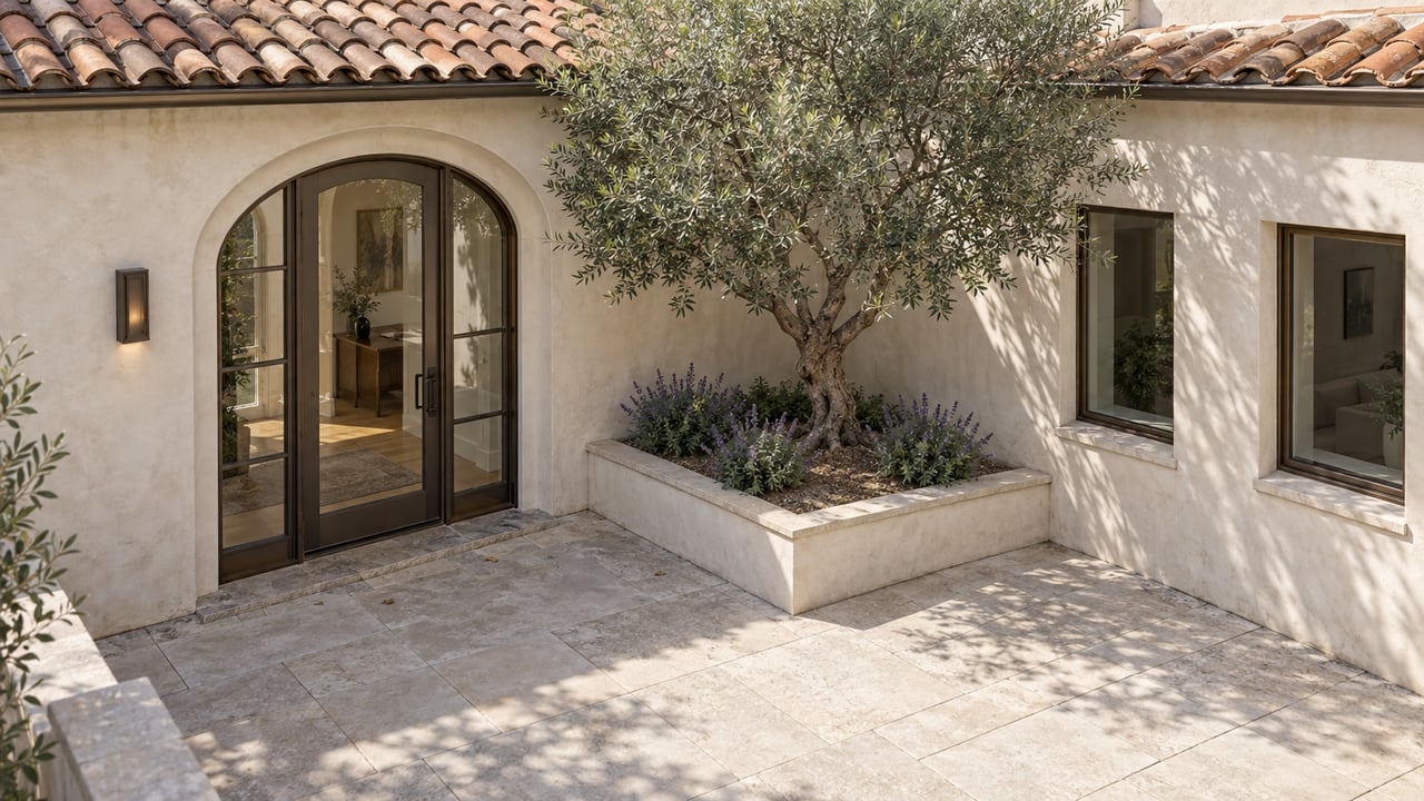 Elevated view of an ivory stucco home with clay roof tiles, bronze-framed glazed entry, limestone courtyard and an olive tree in a raised planter.