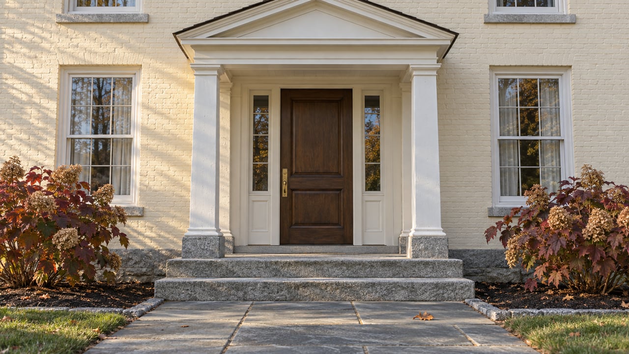 Ivory painted-brick house entrance with a white timber portico, walnut door, granite steps and autumn oakleaf hydrangeas.