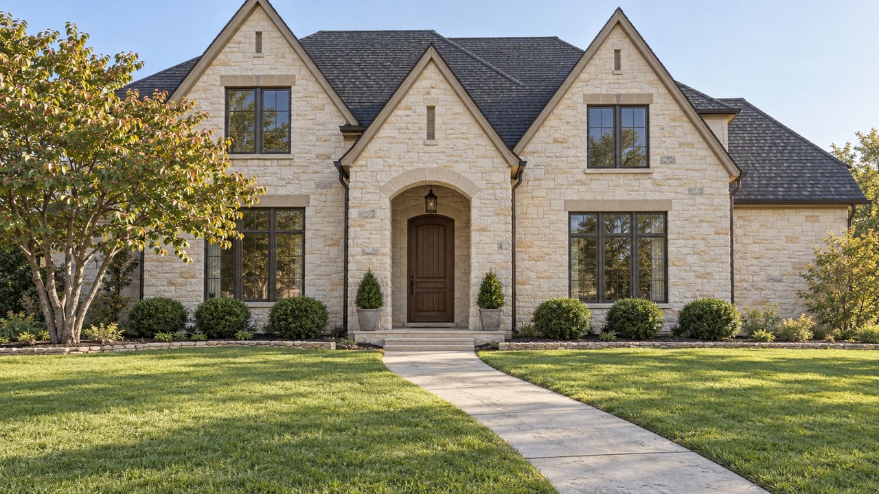 Cream limestone home with steep gabled roofs, an arched oak entry and a broad lawn crossed by a concrete walk in warm morning light.