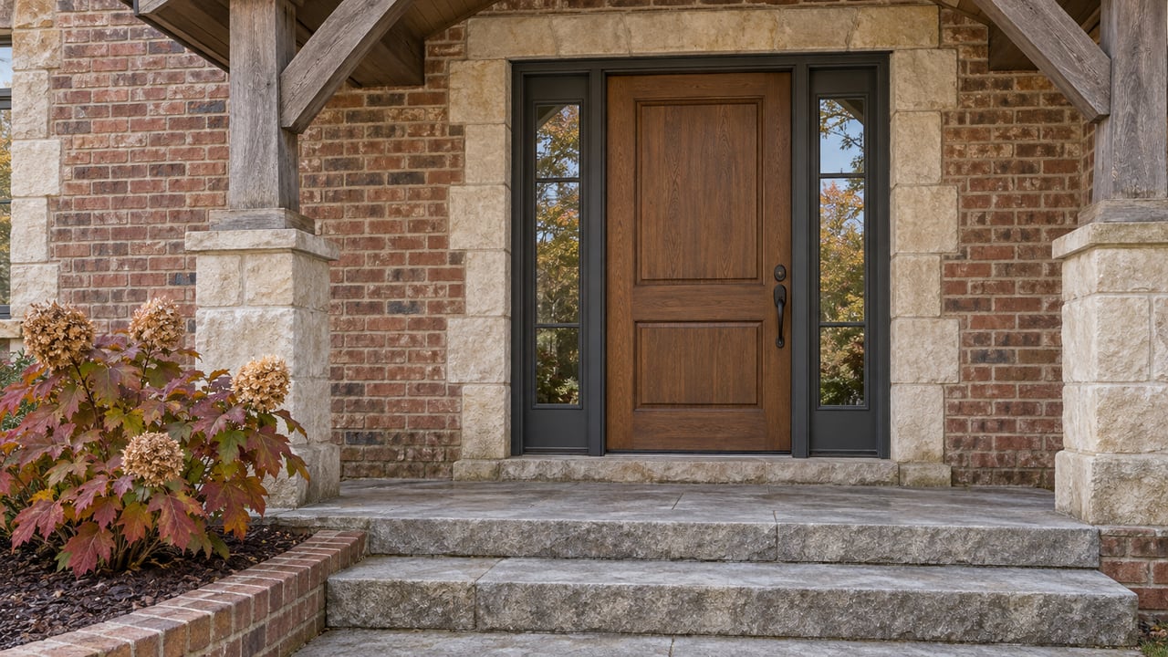 Covered brick entry with a brown oak door, paired sidelights, pale limestone surround and steps, and one autumn oakleaf hydrangea.