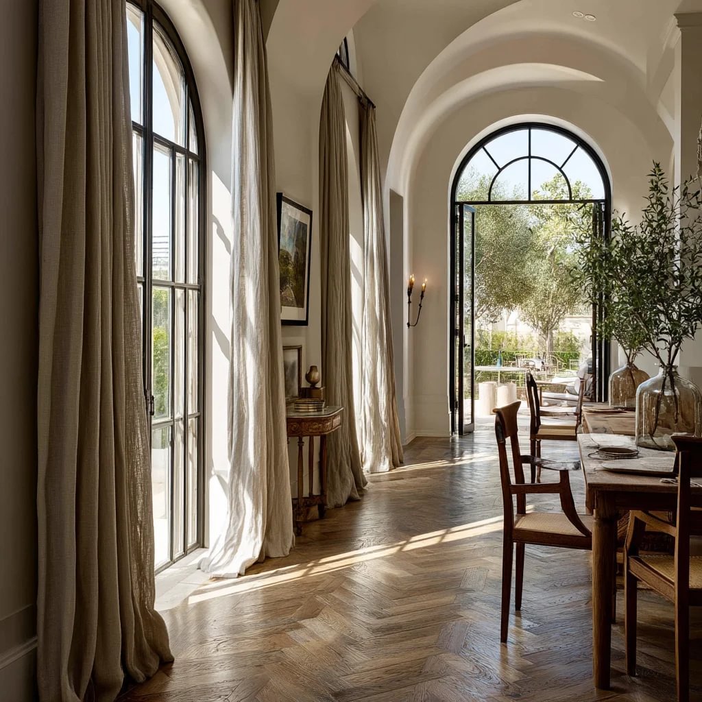 Refined home interior opening to a landscaped garden