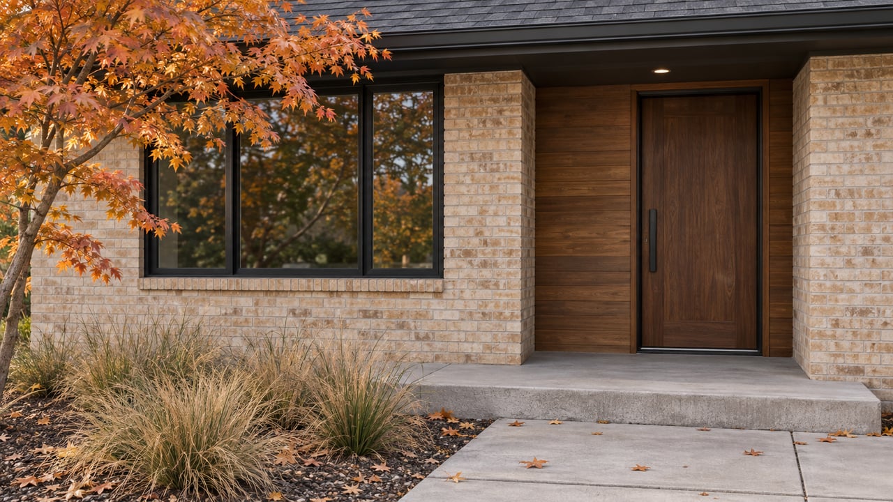 Remodeled brick house entry with a recessed timber door, broad window, and amber maple leaves overhead.