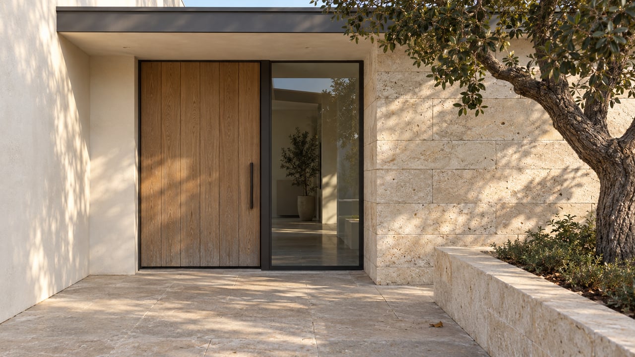 Sunlit oak entry door and glazed sidelight beside a limestone wall and raised live-oak planter.