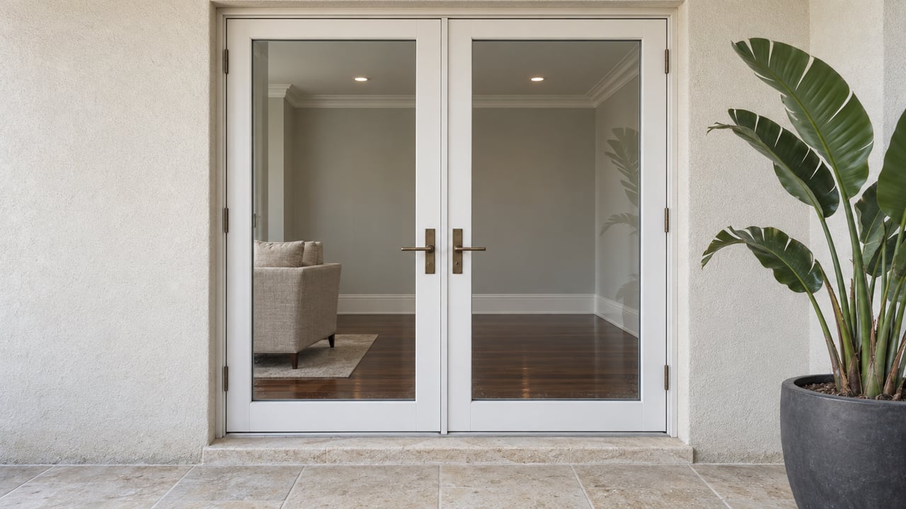 Closed white-framed glass doors on a limestone terrace reveal a warm hardwood living room with refined white molding; one bird-of-paradise plant stands beside the doorway.