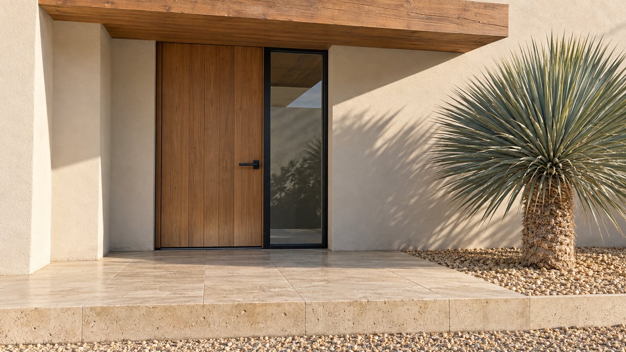 Modern home entrance with a wood door, timber canopy, and desert plant beside a tiled porch.