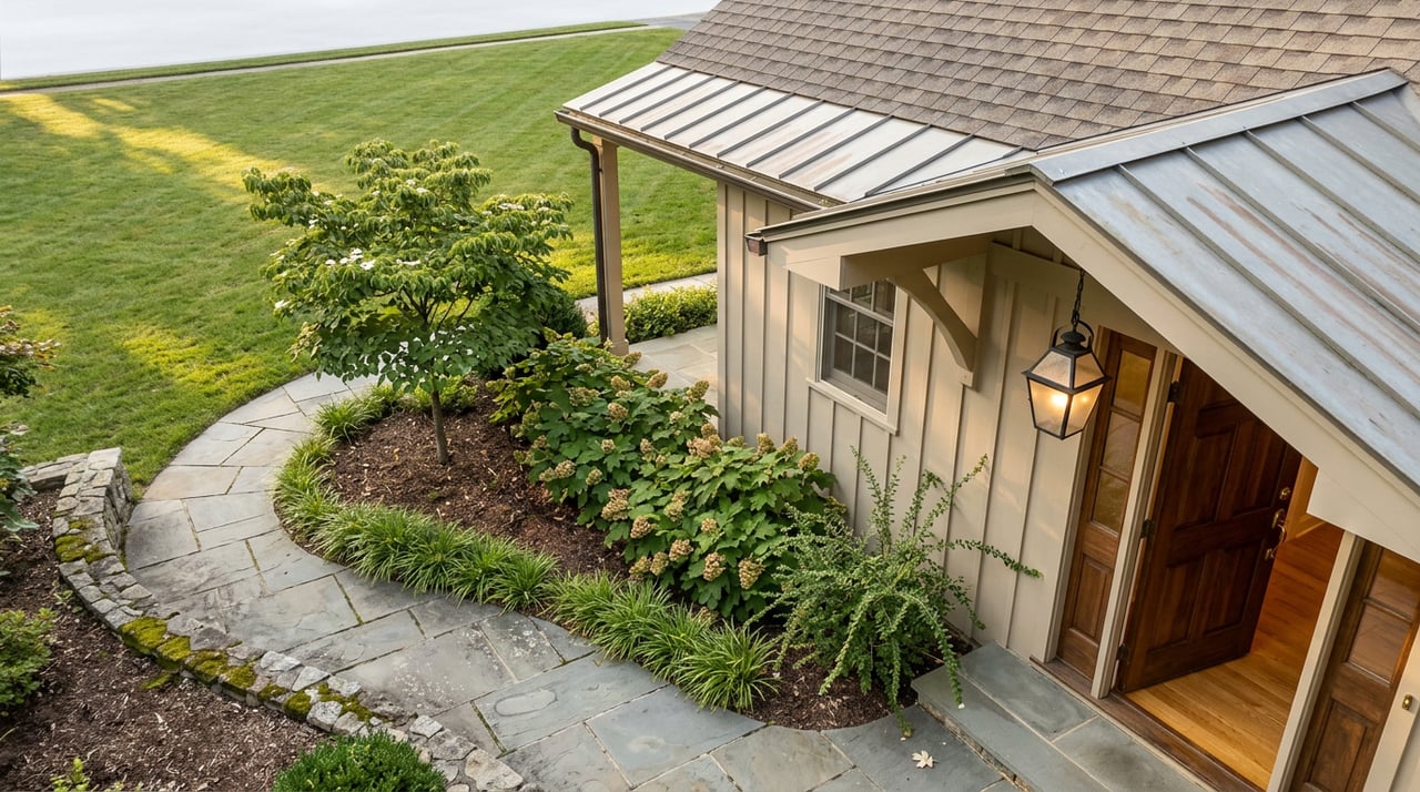 Sand-colored home with a metal porch roof, glowing lantern, open wood door, and curved bluestone walkway.