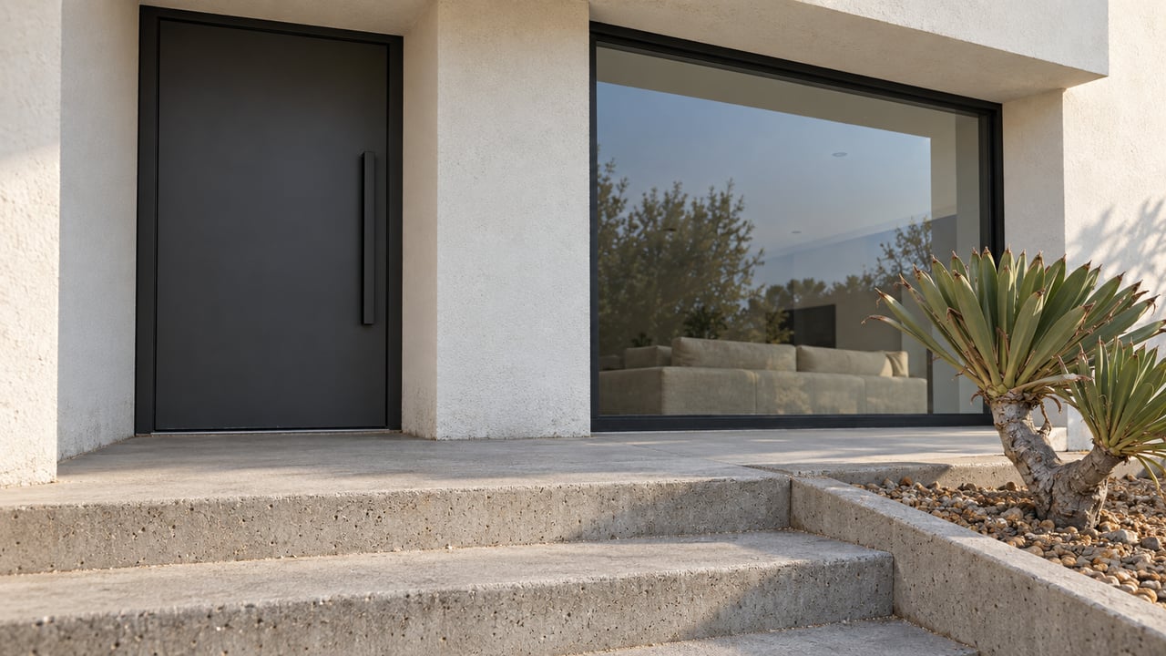 Modern white stucco entry with a charcoal door, black-framed window, worn concrete steps and a branching fan aloe.