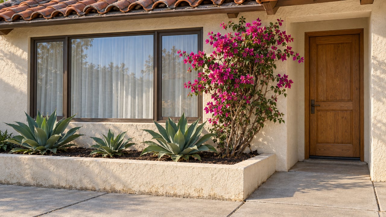 Cream stucco home with a clay-tile roof, bronze-framed window, oak entry door, and raised planting bed of bougainvillea and agave.