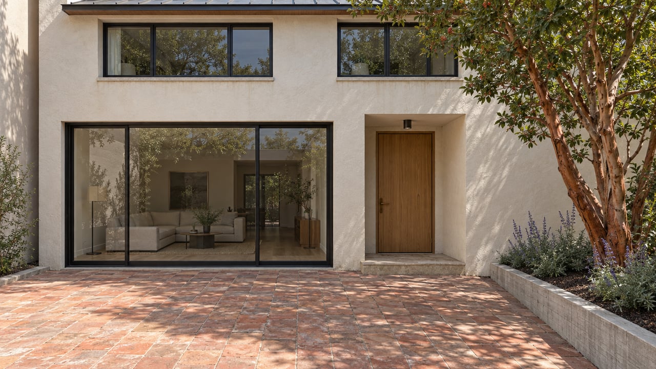 Compact stucco residence with black-framed windows, an oak entry door and a terracotta forecourt beside a sculptural strawberry tree.