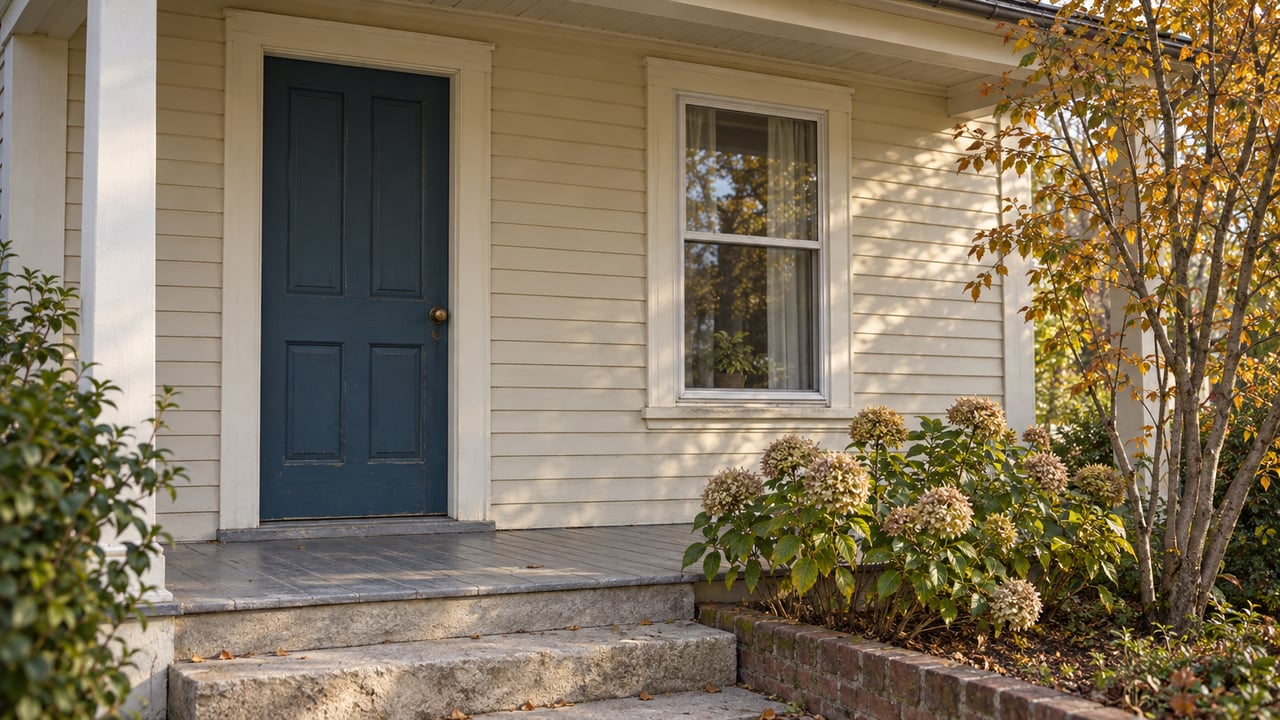 Cream clapboard porch entry with a worn blue door, tall window, limestone steps, and sparse autumn plantings.