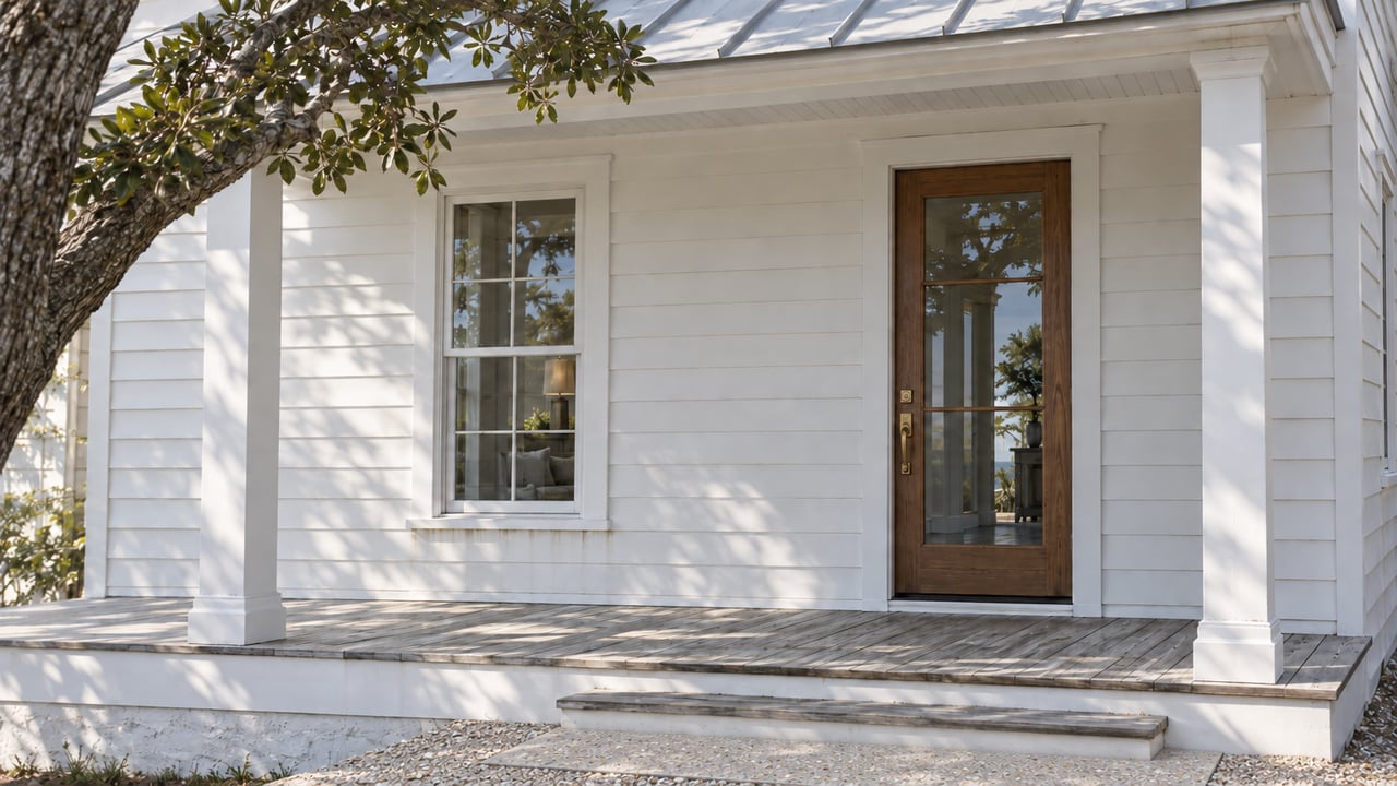 Porch steps end on a shell-aggregate concrete landing bordered by loose gravel.