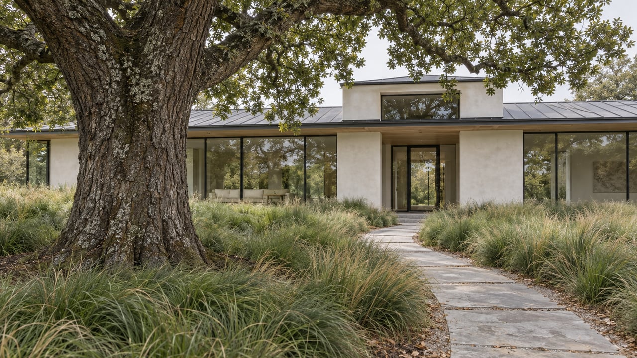 Mature oak beside a single-story plaster house, overlooking a deep garden and curving limestone path.