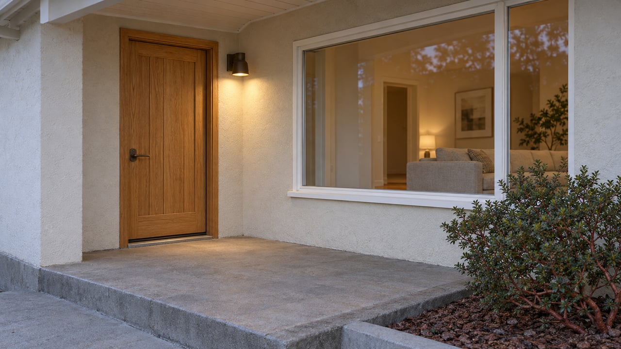 An ivory stucco home's covered entry at dusk, with an oak front door, glazed living-room window, concrete porch and sculptural manzanita.