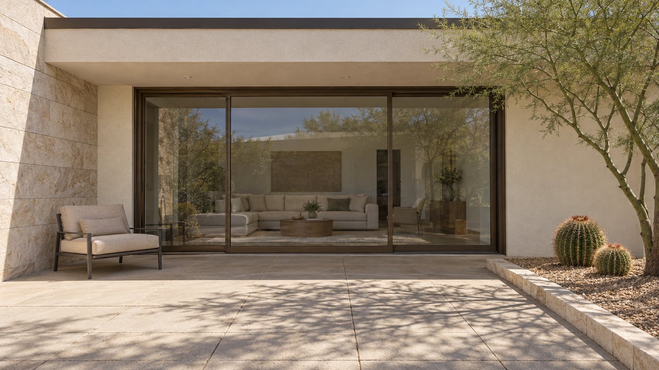 Sunlit paved terrace beside an ivory stucco home with bronze-framed glass doors, limestone detailing and sculptural desert planting.