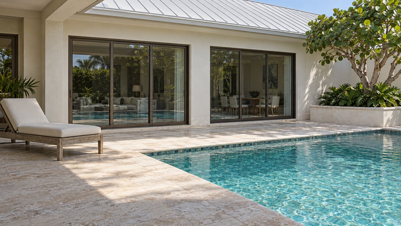 Shaded limestone lanai beside a turquoise pool, with bronze-framed glass doors, ivory stucco and a sculptural sea-grape tree.